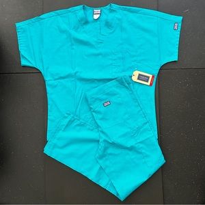 Cherokee Workwear Teal Scrubs Set Top Pants Blue